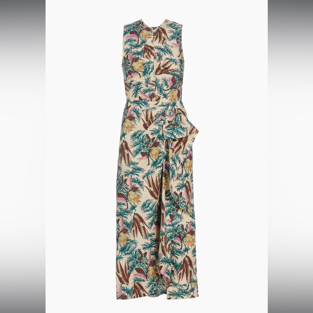 Ulla Johnson Cream Tropical-Print Midi Dress with Teal and Brown Accents